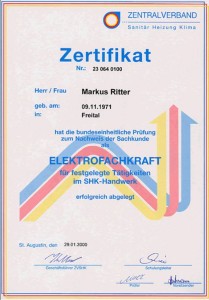 Zertifikat von Herrn Markus Ritter als Elektrofachkraft